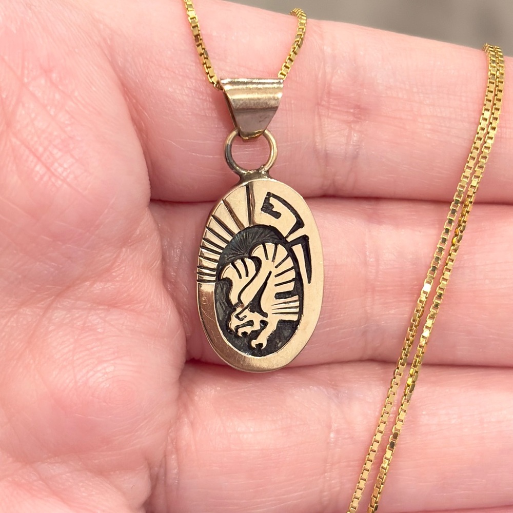 Vintage Native Eagle Sterling 14K Pendant, Navajo Aztec Style Piece - Picture 6 of 16